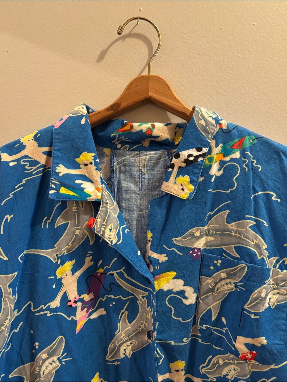 Vintage Blue Novelty Shark & Surfer Shirt